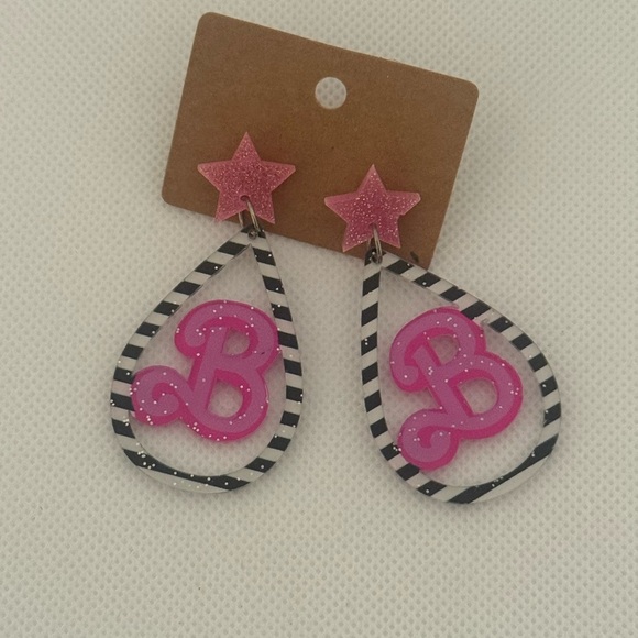 Glitter Acrylic Barbie B Earrings – Pink Star & Striped Teardrop Dangle – NWT - Picture 2 of 6